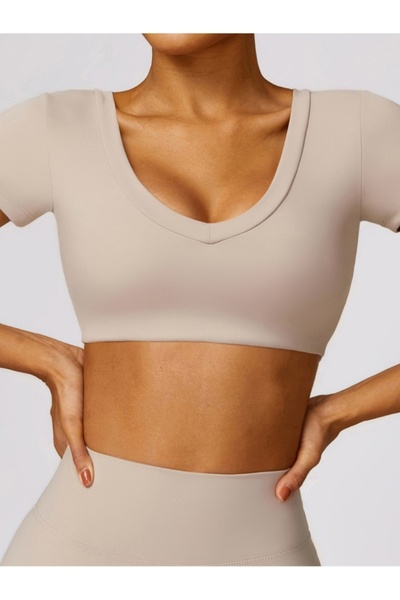 KAWN YOGA قميص نسائي قصير الأكمام - قميص يوغا مبطن للتمرين منخفض التأثير