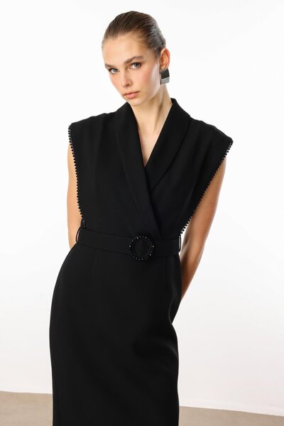 Moda İlgi Modailgi Kol Ağzı Boncuk Aksesuar Detaylı Elbise Siyah