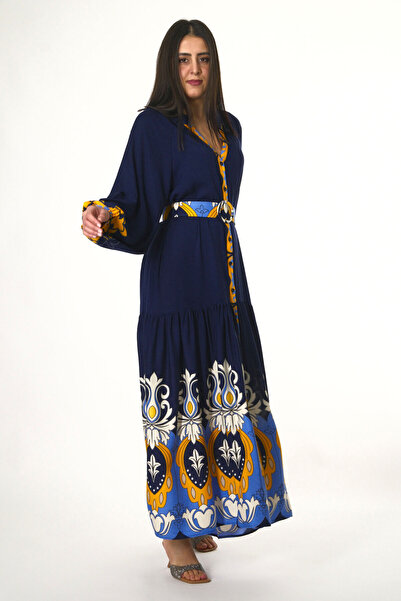 ABBRA Women's Prevailing Collar Buttoned Front Belted 100% Viscose Summer Dress