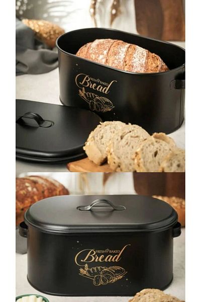 Bayev Black Bread Bowl with Lid Patterned Metal Bread Storage Box