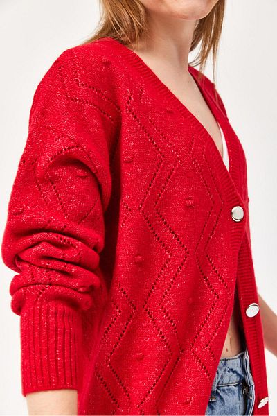 CALİENTE Openwork Metal Buttoned Knitwear Cardigan Red