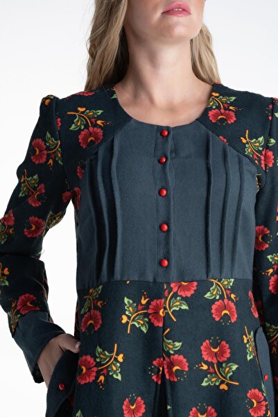 Eliş Şile Bezi Uzun Kol Pazen Kamelya Nervürlü Midi Boy Sonbahar ve Kışlık Elbise Petrol Ptrl