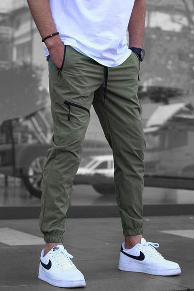 Madmext Khaki Zipper Detailed Parachute Jogger Pants
