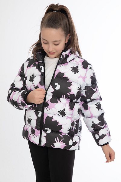 freemen Sport Girl Sportswear Children White Purple Flower Pattern Fleece Water and Wind Proof Hoodie Coat with Pockets