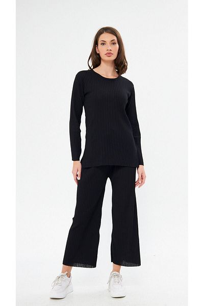 Oyga Set de pijamale pentru femei, negru, cu nervuri și pantaloni de trening, ocazional pentru acasă