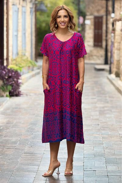 Nevin Kaya Moda Rochie din bumbac pieptănat cu buzunare duble în față cu model etnic fucsia