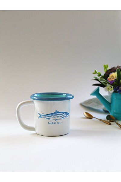 Elifle Emaye Küçük Kupa 250 ml Balık Desen Kupa Kahve Çay İçecek Kamp Piknik Denizcilik Deniz Ürünleri