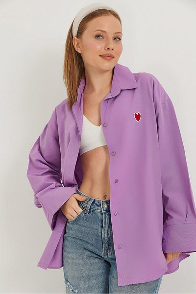 CALİENTE Heart Embroidered Oversize Basic Shirt Lilac