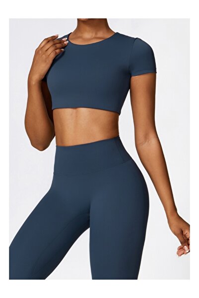 KAWN YOGA Womens Crop Top Shirt Short Sleeves - Padded Low Impact Workout Yog...