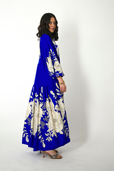 ABBRA Women's Prevailing Neck Balloon Sleeve Loose 100% Viscose Summer Dress