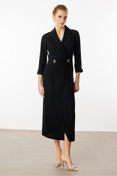 Moda İlgi Modailgi Waist Accessory Pocket Double Breasted Dress Black