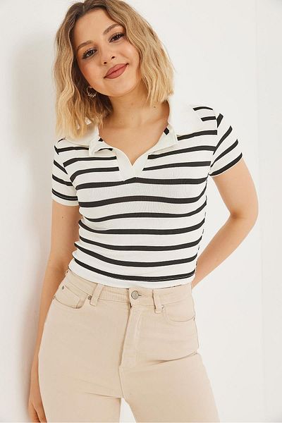 CALİENTE Μπλούζα Polo Collar Striped Crop Μαύρη