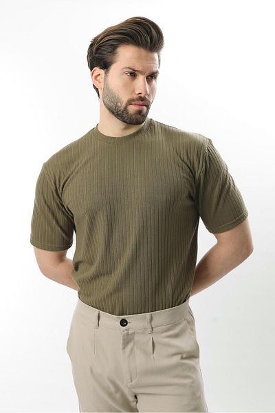 Madmext Khaki Textured Line Design Crew Neck Men's T-Shirt E7122