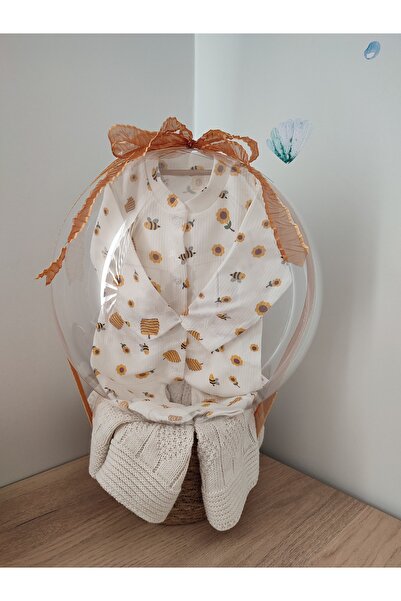 büyülücompany Büyülü Balon-Kız Bebek Arı Desenli Tulumu Örgü Battaniye si Doğum Tebrik Günü Hediye Kutusu Sepeti