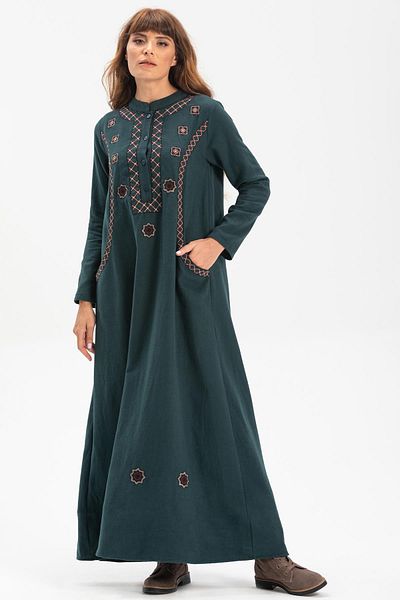 Eliş Şile Bezi Long Sleeve Sude Embroidered Flannel Long Autumn And Winter Dress Petrol Ptrl