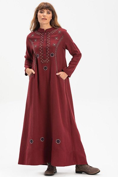 Eliş Şile Bezi Long Sleeve Sude Embroidered Flannel Long Autumn And Winter Dress Burgundy Brd
