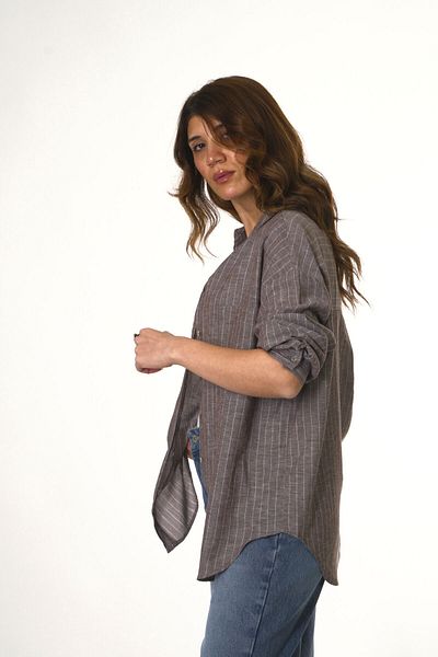 ABBRA Women's Linen Single Pocket Striped Shirt