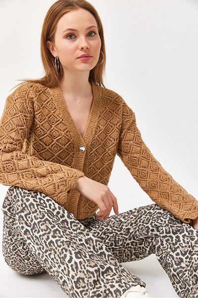 CALİENTE Balloon Sleeve Knitted Patterned Crop Knitwear Cardigan Mink