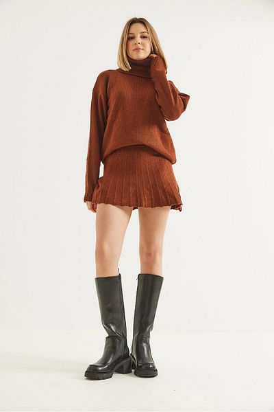 CALİENTE Turtleneck Skirted Knitwear Bottom Top Set Brown