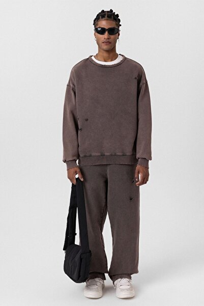 VAMOSCLO Premıum Yıkamalı Yırtık Detaylı Oversize Eşofman Takım Kahve