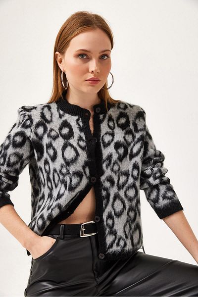 CALİENTE Leopard Pattern Bearded Knitwear Short Cardigan Black