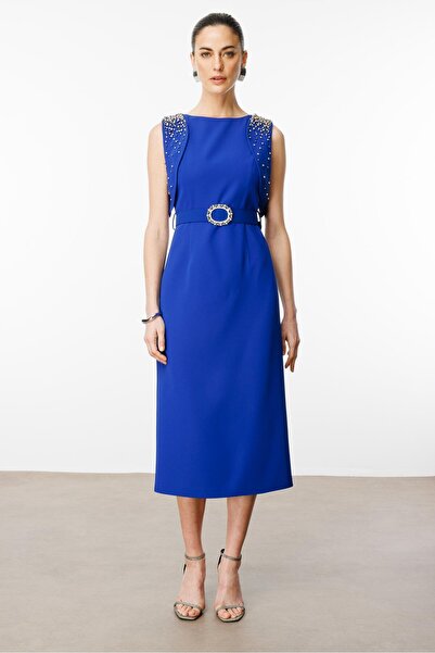 Moda İlgi Modailgi  Omuzları İnci Detaylı Elbise Saks