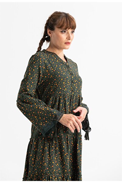 Eliş Şile Bezi Μακρυμάνικο Φανελένιο Φθινοπωρινό και Χειμερινό Μακρύ Φόρεμα Κροσέ Μοτίβο Χακί Hk