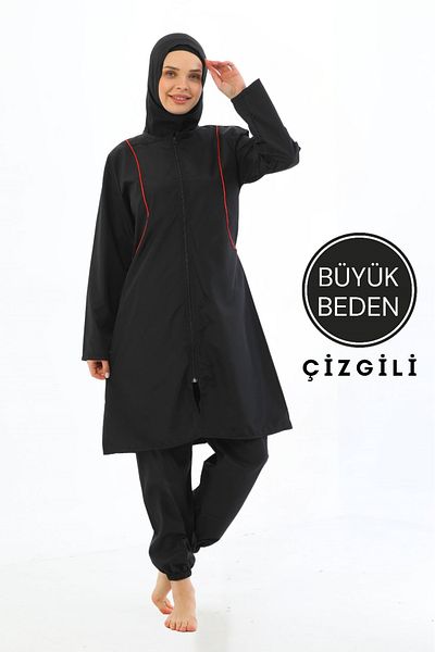 Elit Large Size Parachute 4-Piece Zippered Black Full Covered Hijab Swimsuit