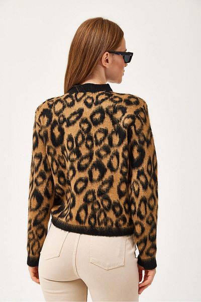 CALİENTE Leopard Pattern Bearded Knitwear Short Cardigan Mustard