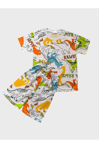 ALİŞ KİDS Boys' Cotton Gray Dinosaur Patterned Short Sleeve Shorts Summer Pajama Set