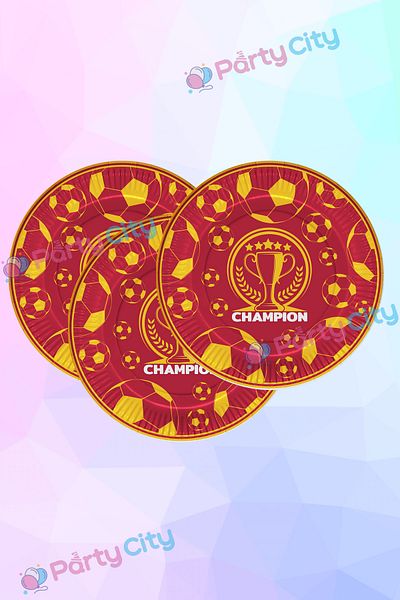 Party City Champion Yellow-Red Themed Birthday Cardboard Plate Cup Set for 8 People