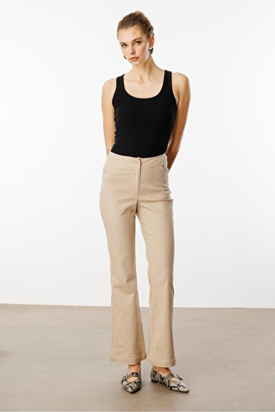 Moda İlgi Modailgi  Yüksek Bel İspanyol Paça Spor Dikişli Pantolon - 75201 Taş