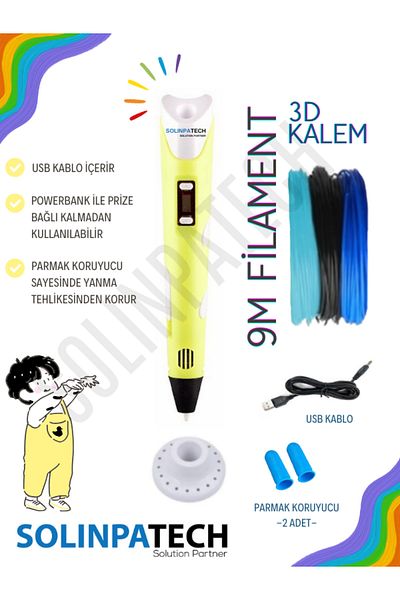SolinpaTech 3D Pen Three Dimensional Printer - Yellow, 3 Adept 3 Metro Filament (9 Metro- USB Cable Included)