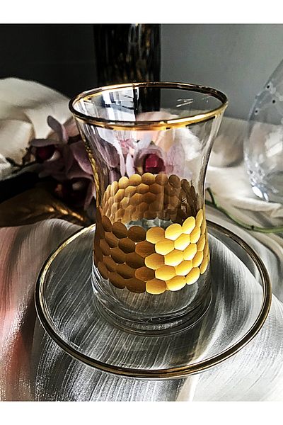 DECOSTYLE Gold Super Honeycomb Patterned Glass Plate 12 Piece Tea Set