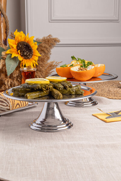 Fiyakalı Ürünler Atölyesi 2-Piece Silver Round, Stylish Cake, Pastry, Cookie and Dessert Serving Presentation Stand with Pedestal