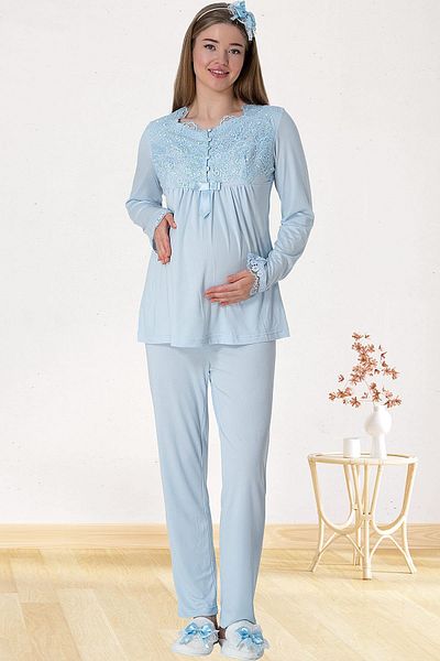 LOHOUSE Women's Blue Special Lace Maternity Maternity Dressing Gown 3-Piece Pajama Set