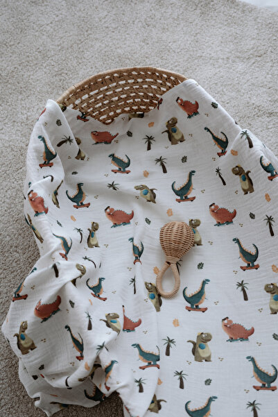 Lollie Baby&Kids Organic Muslin Blanket, Baby Kids 80X100 cm - Dinosaurs