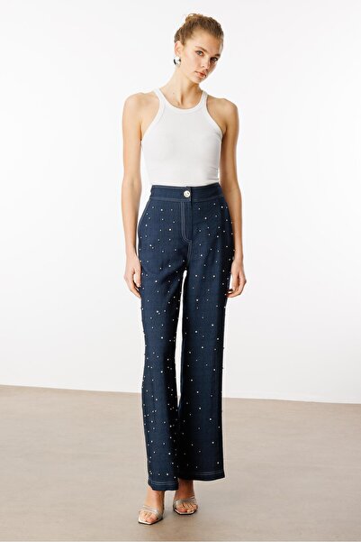 Moda İlgi Modailgi  Arka Kemeri Lastikli İnci ve Taş Detaylı Pantolon - 15023 Lacivert