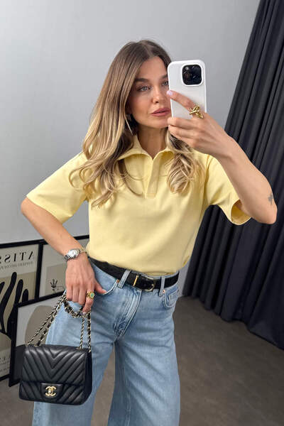 Sue Store Κίτρινη μπλούζα με γιακά πόλο με επένδυση Premium