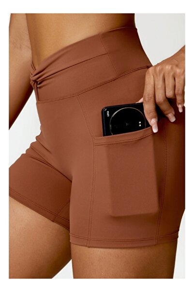 KAWN YOGA شورت رياضي نسائي عالي الخصر بدون درزات للتحكم في البطن مع جيوب.