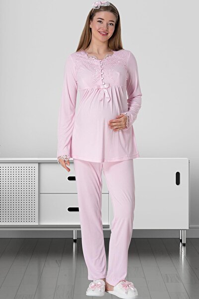 LOHOUSE Kadın Pudra Özel Dantelli Lohusa Hamile Pijama Takım Set