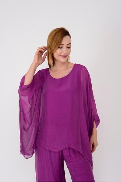Bohem Stil Italian Lined Bat Sleeve Silk Blouse & Pants Set