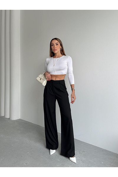 Maldia Shop Women's Buckle High Waist Black Palazzo Pants
