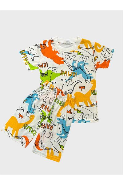 ALİŞ KİDS Set de pijamale de vară pentru băiat, din bumbac, alb, cu model de dinozaur, cu mâneci scurte