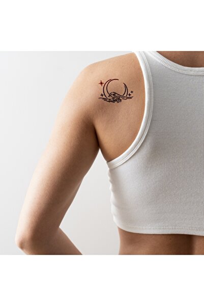 ONE SPRAY TATTOO Yıldızlı Ay Ve Dalgalar Dövme Şablonu (Spreyini Almayı Unutma!)