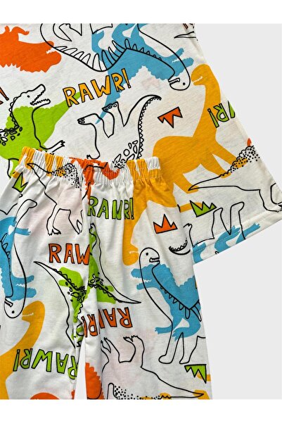 ALİŞ KİDS Set de pijamale de vară pentru băiat, din bumbac, alb, cu model de dinozaur, cu mâneci scurte