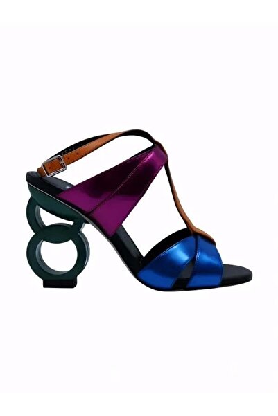 Poletto Haki̇ki̇ Deri̇ Sax Mavi-turuncu-fusya-siyah Sandalet Topuklu 6564 178