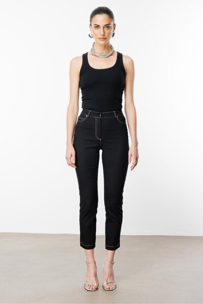 Moda İlgi Modailgi  İç Kemeri Lastikli Spor Dikişli Bilek Boy Pantolon - 75202 Siyah