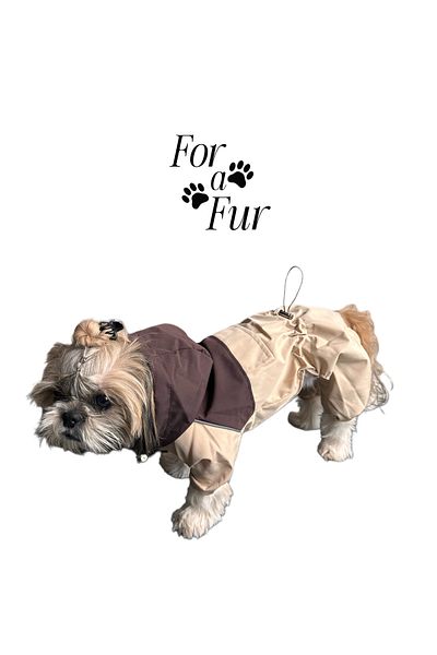 For a Fur Beige Brown Waterproof Dog Raincoat Hooded Jumpsuit