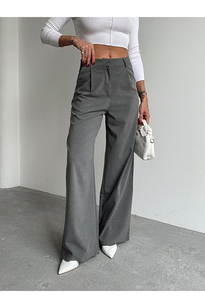 Maldia Shop Women's Buckle High Waist Anthracite Palazzo Trousers